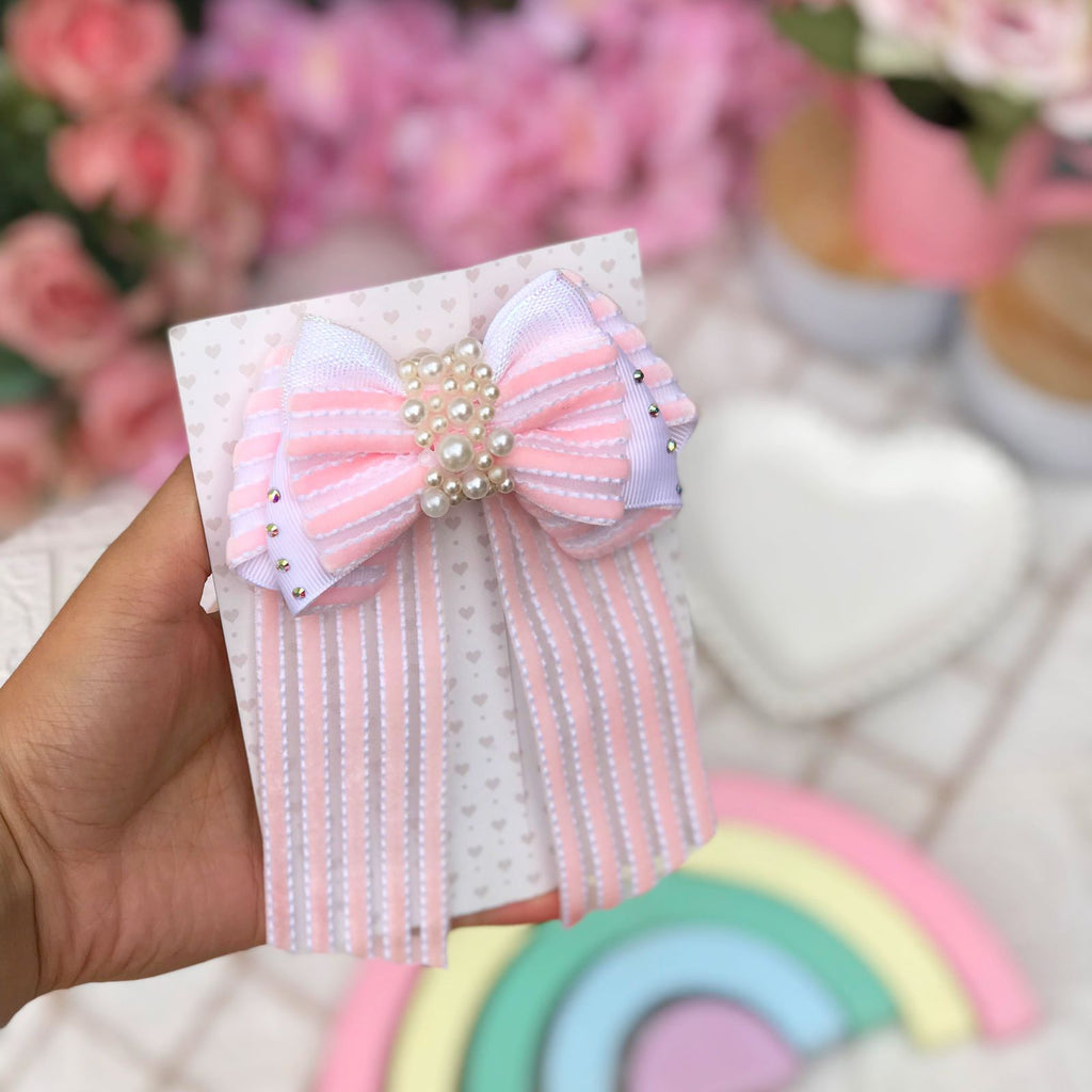 Light Pink and white bow with pearls